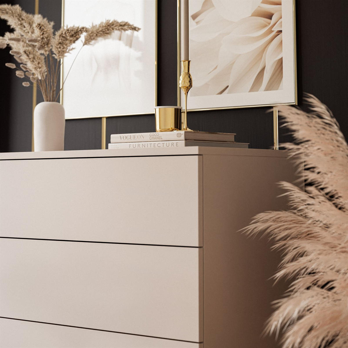 KOMMODE LINA KASCHMIR 95 cm mit LED-Beleuchtung Griffe Goldchrom - Kaschmir/Goldfarben, Holzwerkstoff (95/84/40cm) - Lookway