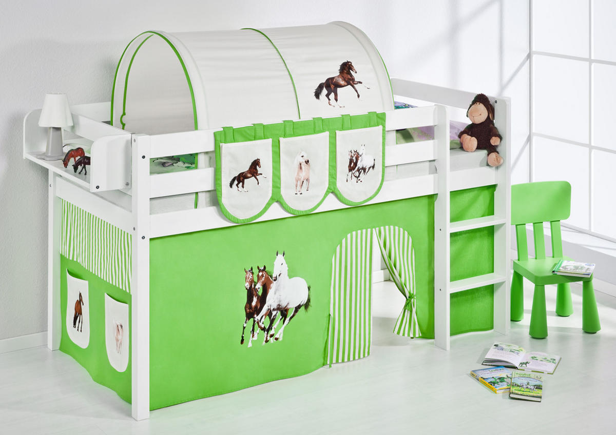 HOCHBETT JELLE mit PFERDE Vorhang - Kinderbett - Weiß, Holz - Lilokids