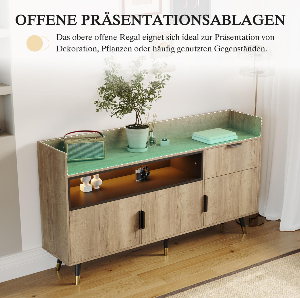 SIDEBOARD 160/35/82 cm naturfarben aus Holzwerkstoff mit LED, Schublade und Türen - Naturfarben, Holzwerkstoff (160/82/35cm) - OKWISH
