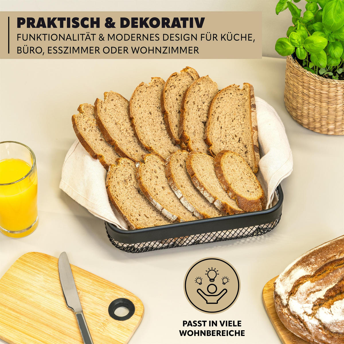 OBSTKORB - BROTKORB 2er Set, eckige Obstschale, aus schwarzem Metall - Schwarz, Metall (6cm) - eluno