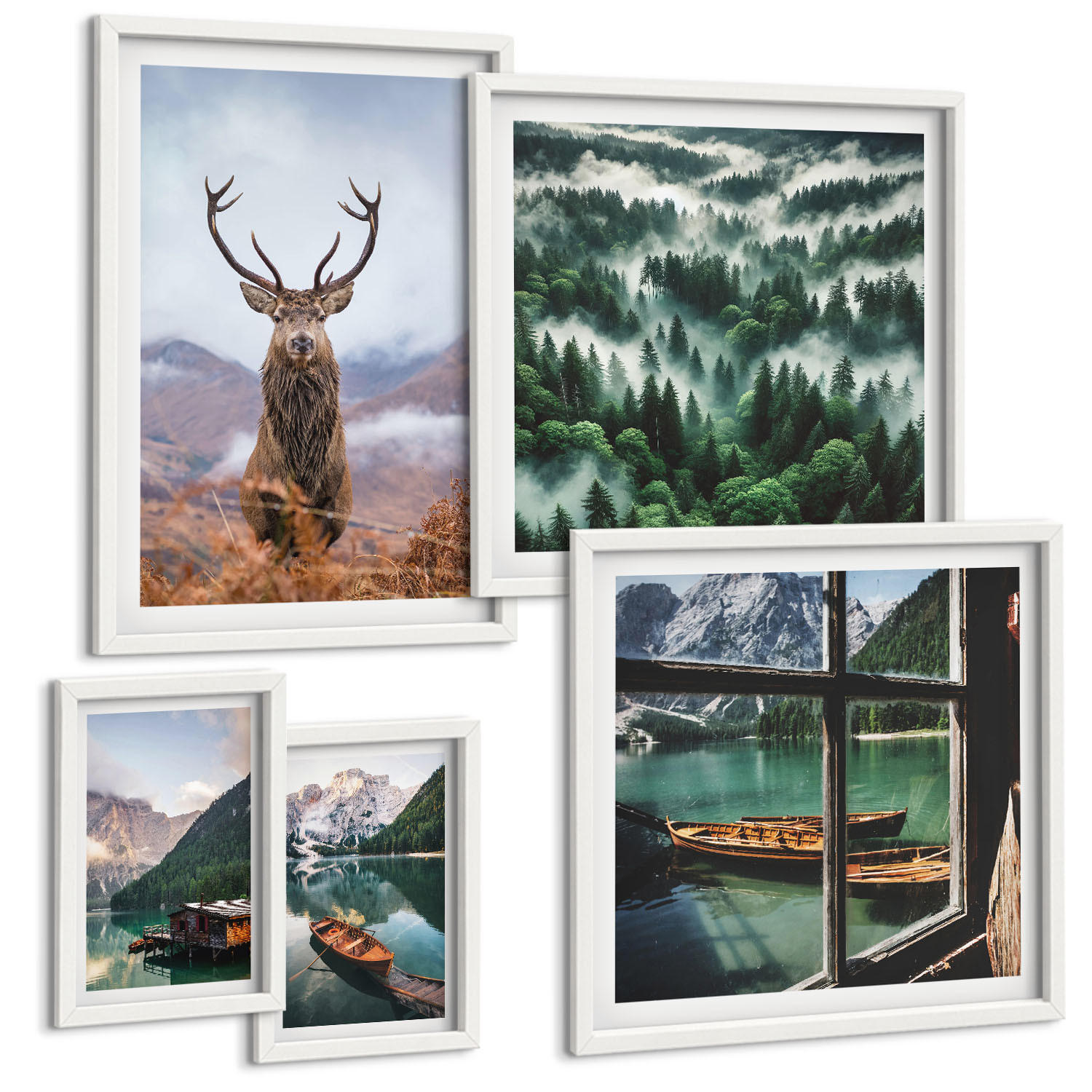 BILDER SET 5er Set - 50x50 cm & 20x30 cm & 40x60 cm Weißer Rahmen - Nebel auf dem Bergsee, Bootsfahrten, Nebel - Weiß, Kunststoff (40/60cm) - TULUP