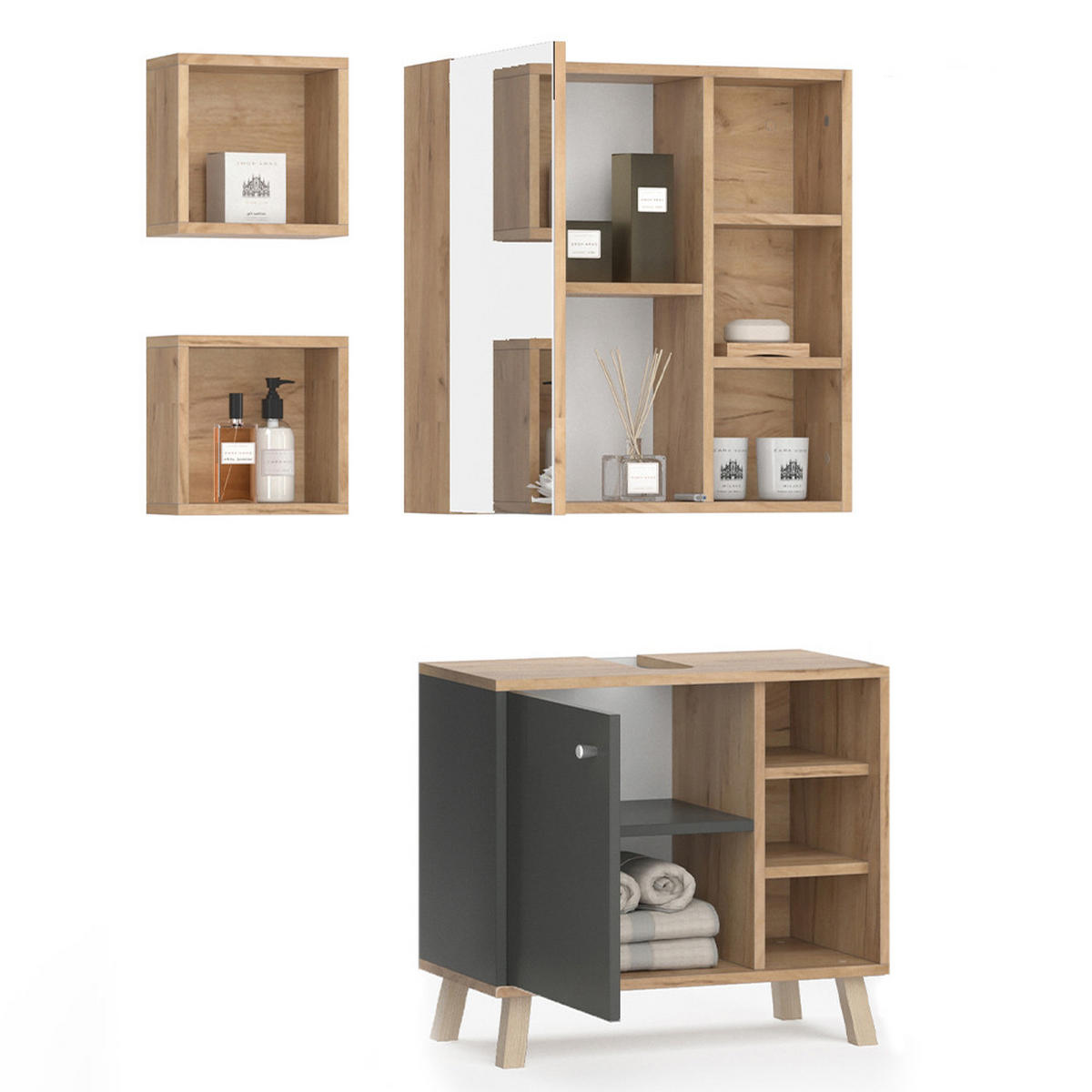 BADMÖBEL-SET Senyo Anthrazit 3 Teile - Anthrazit/Eiche Wotan, Holzwerkstoff (62/54/32cm) - Vicco