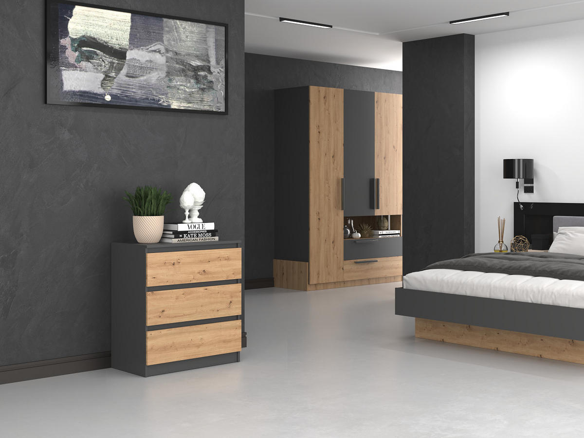 KOMMODE 3 SCHUBLADEN M3 - ANTHRAZIT / EICHE ARTISAN - Anthrazit/Eiche Artisan, Holzwerkstoff (70/75/40cm) - CDF