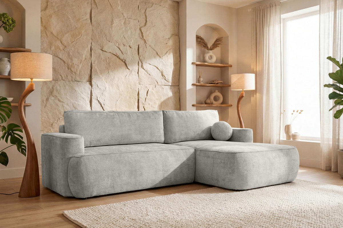 ECKSOFA Marion mit Schlaffunktion & Bettkasten in Chenille Hellgrau, Rechts 267/154/83 cm - Hellgrau/Schwarz, Kunststoff/Textil (267/154cm) - WFL GROUP