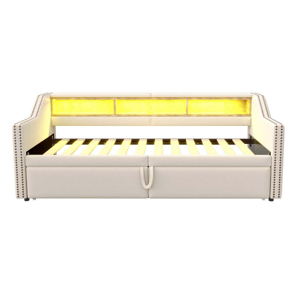 AUSZIEHBETT 90/180 x 200 cm in Beige mit LED-Beleuchtung und USB-Anschluss - Beige, Textil (90/200cm) - Flora Grace