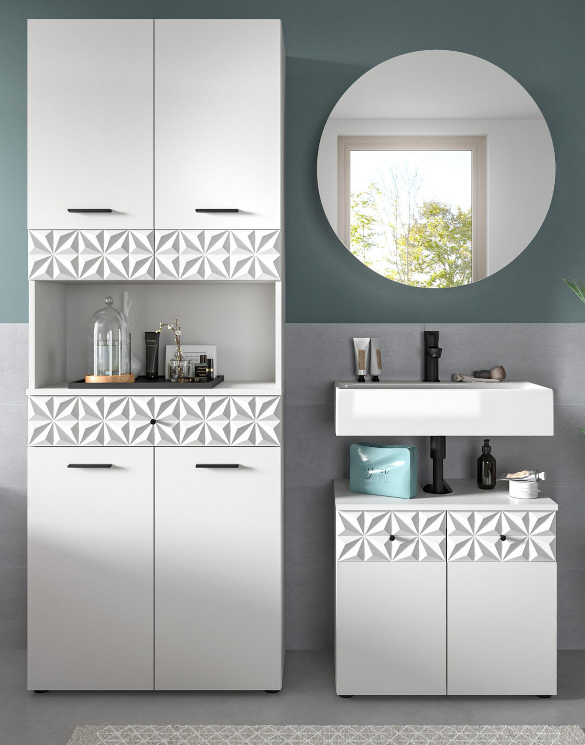 BADMÖBEL-SET weiß Hochglanz 3-teilig 155 cm, Komplettset mit 3D-Struktur - Weiß Hochglanz, Glas/Holzwerkstoff (155/187/37cm) - Inn.Furn