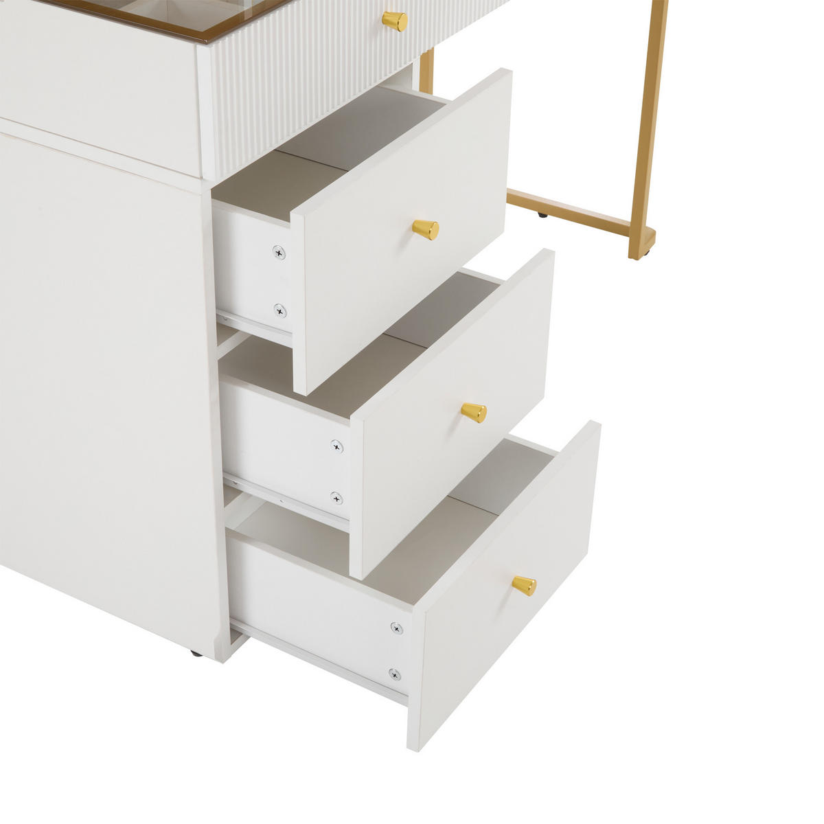 SCHMINKTISCH in Weiß mit LED Spiegel Glasplatte seitlichem Schrank für Schlafzimmer, B120/T45/H115 cm - Goldfarben/Weiß, Glas/Holzwerkstoff (120/115/45cm) - STILVORA
