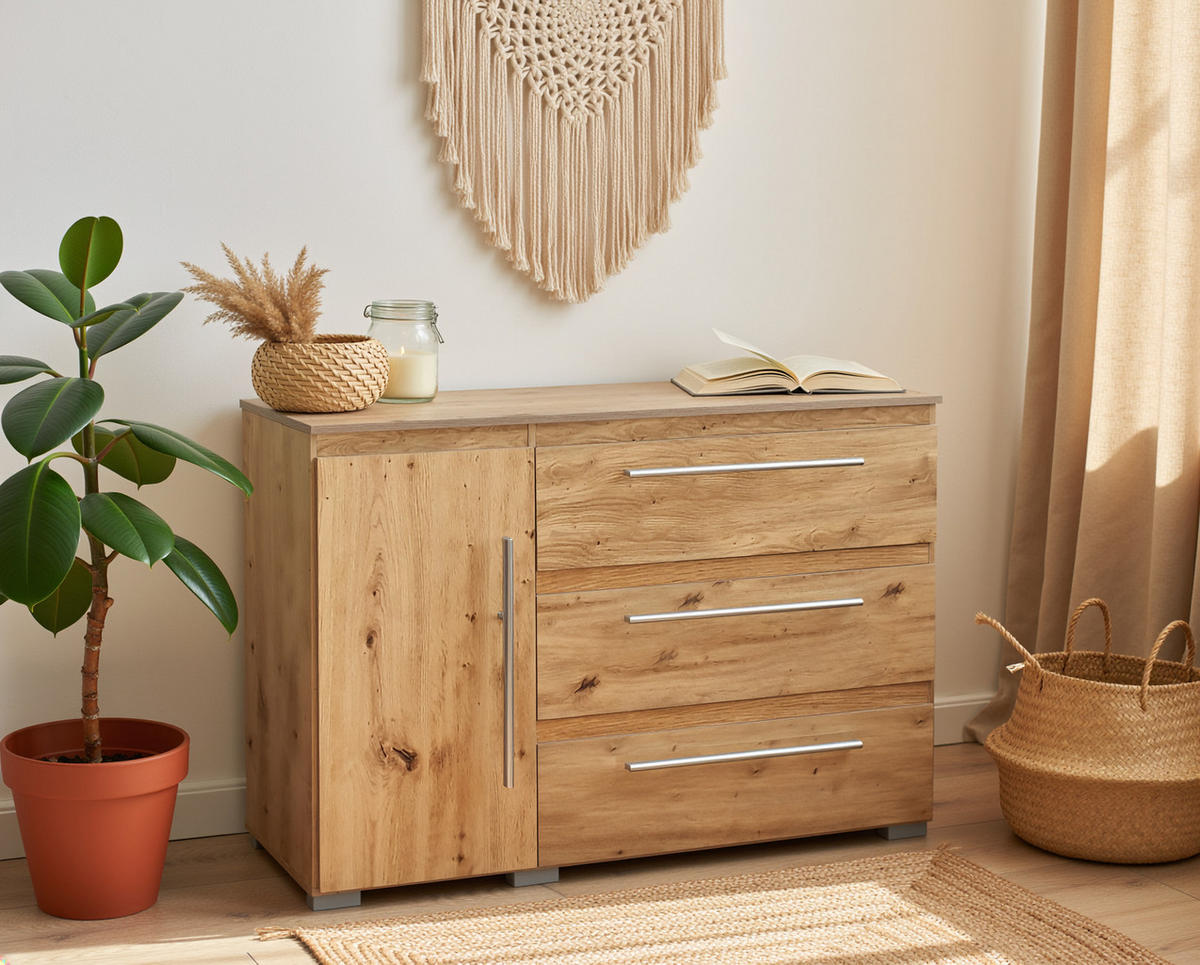 KOMMODE Bali 127/92/50 cm Artisan Oak - Silberfarben/Eiche Artisan, Holzwerkstoff/Kunststoff (127/92/50cm) - arthur berndt