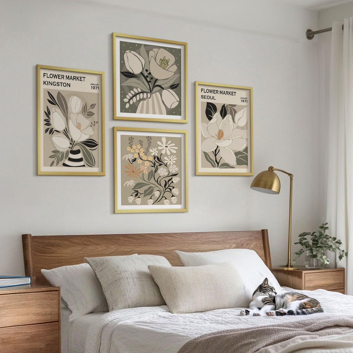 WANDBILDER 4er Set - 50x50 cm & 40x60 cm Goldrahmen - Kingston Seoul Retro-Blumen - Goldfarben, Kunststoff (50/50cm) - ArtPrintCave