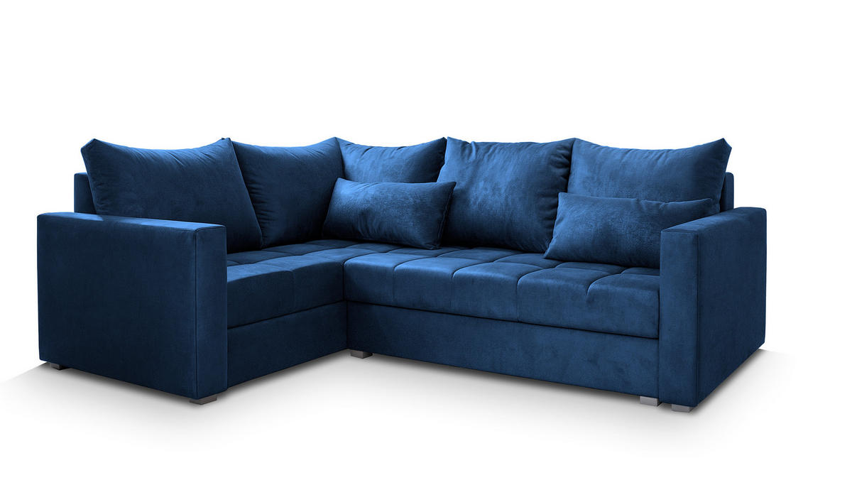 ECKSOFA LIRENO L-S Blau Plüsch-Stoff mit Schlaffunktion - Blau, Holz (220/153cm) - MASSENO