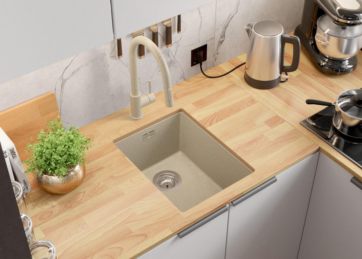 UNTERBAUSPÜLE GRANIT London, 2-er set Beige 36/47 cm 1 Becken + Küchenarmatur 38/14 cm + Ablauf-Set ab 40er Unterschrank - Beige, Kunststoff (36/20/47cm) - Primagran