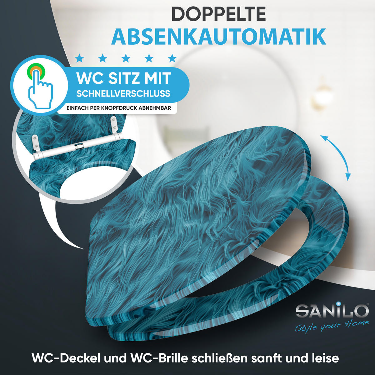 WC-SITZ mit Absenkautomatik & Top Fix Fluffy - Blau, Holzwerkstoff (37.7/5.5/48cm) - Sanilo