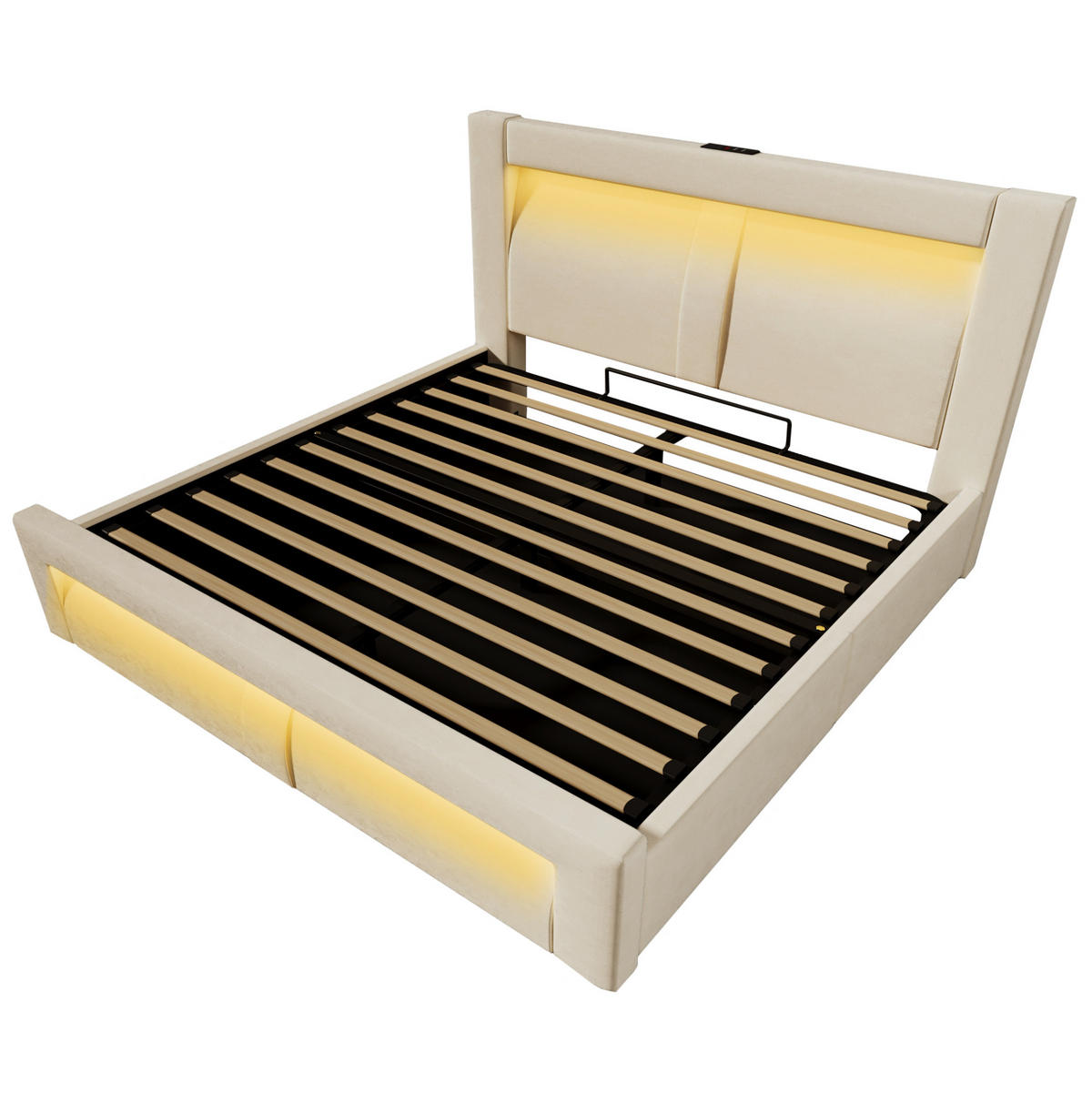 POLSTERBETT 160/200 cm Beige aus Samt mit Stauraum, LED und USB- & Type-C-Anschlüssen - Beige, Textil (160/200cm) - Flora Grace