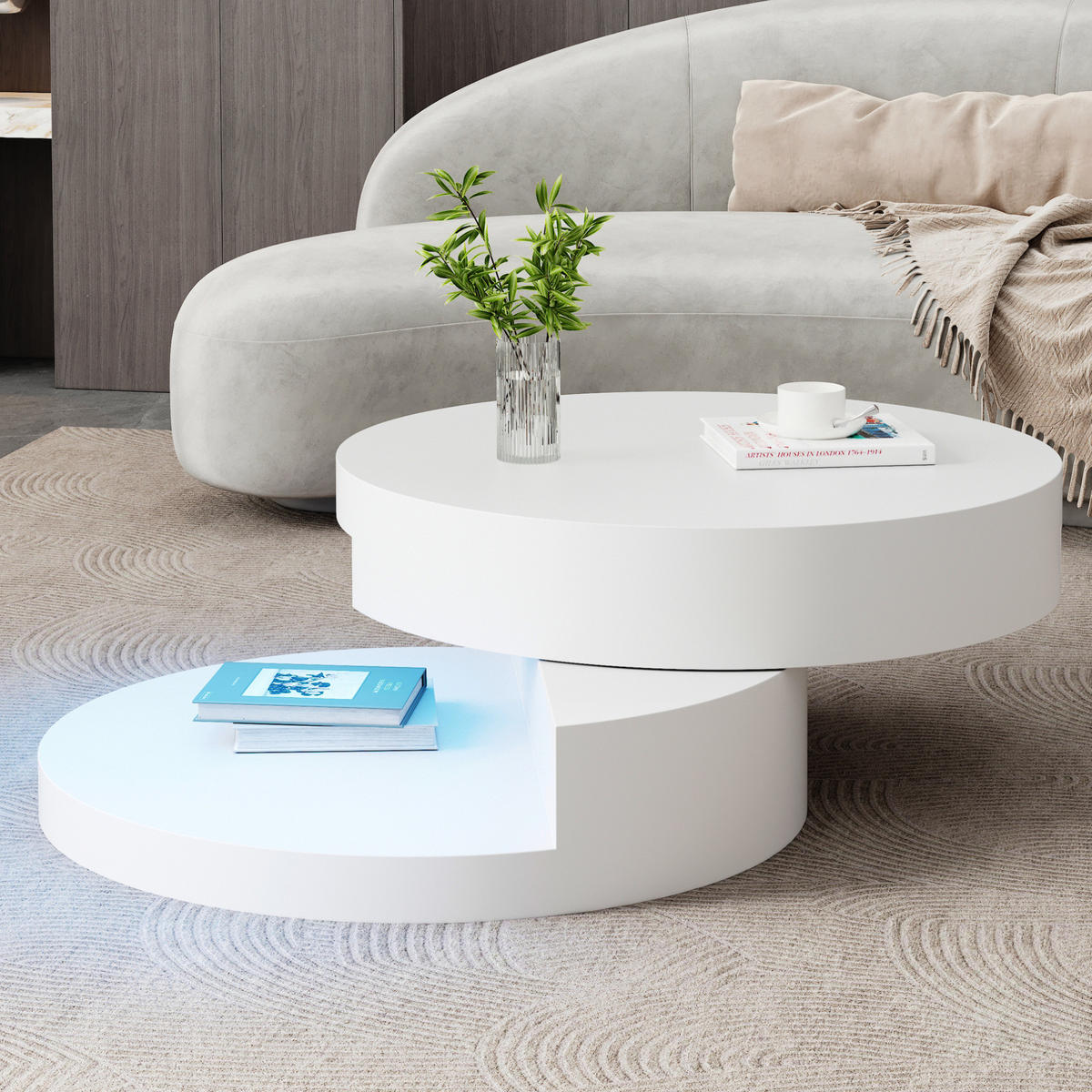COUCHTISCH 70/70/35,5 cm mit 360° drehbarer Tischplatte, LED-Beleuchtung und 2 Ebenen aus MDF, Weiß - Weiß, Holzwerkstoff (70/70/35.5cm) - Redom