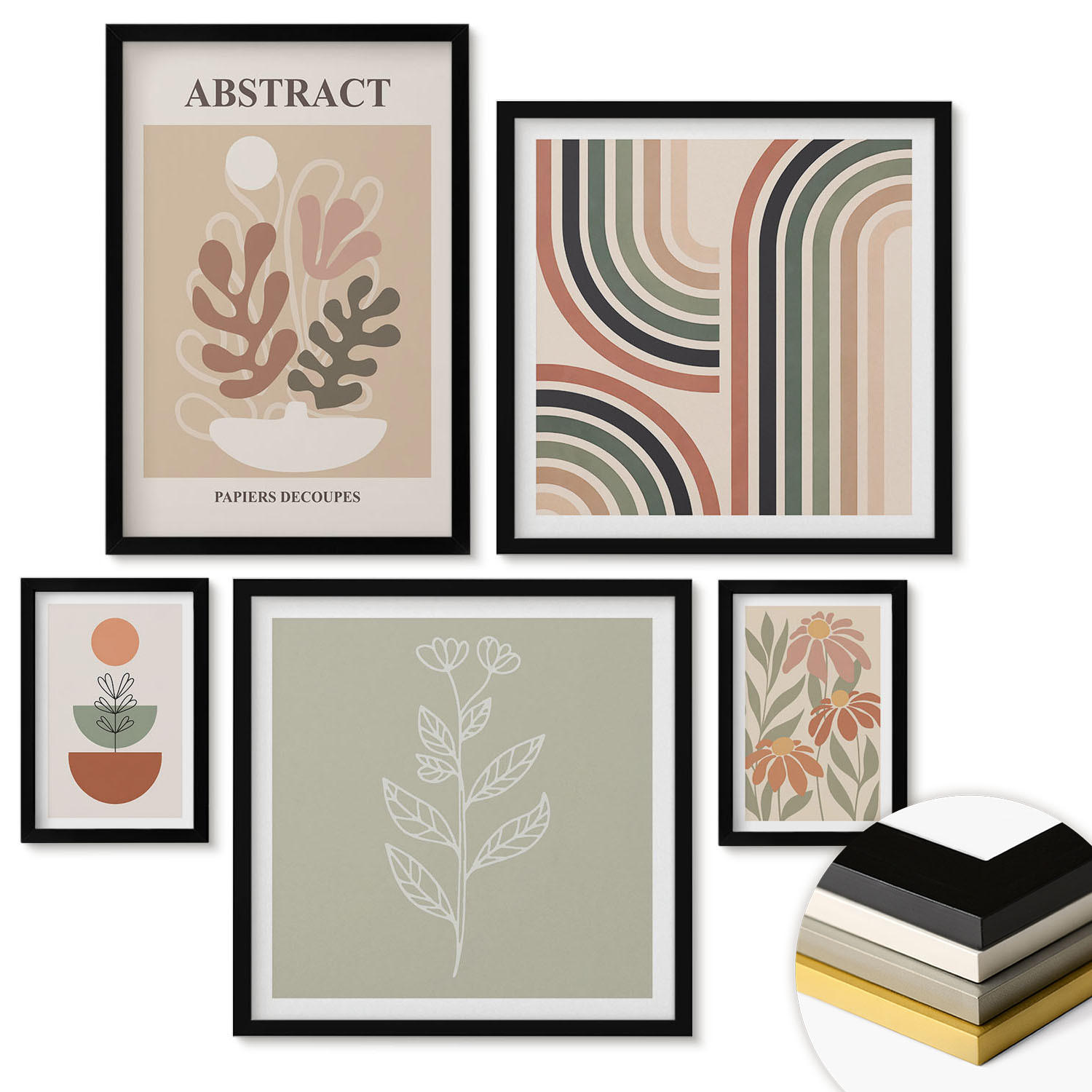 WANDBILDER 5er-Set - 50x50 cm & 20x30 cm & 40x60 cm Schwarzer Rahmen - Abstrakte Pastellpflanzen - Schwarz, Kunststoff (40/60cm) - ArtPrintCave