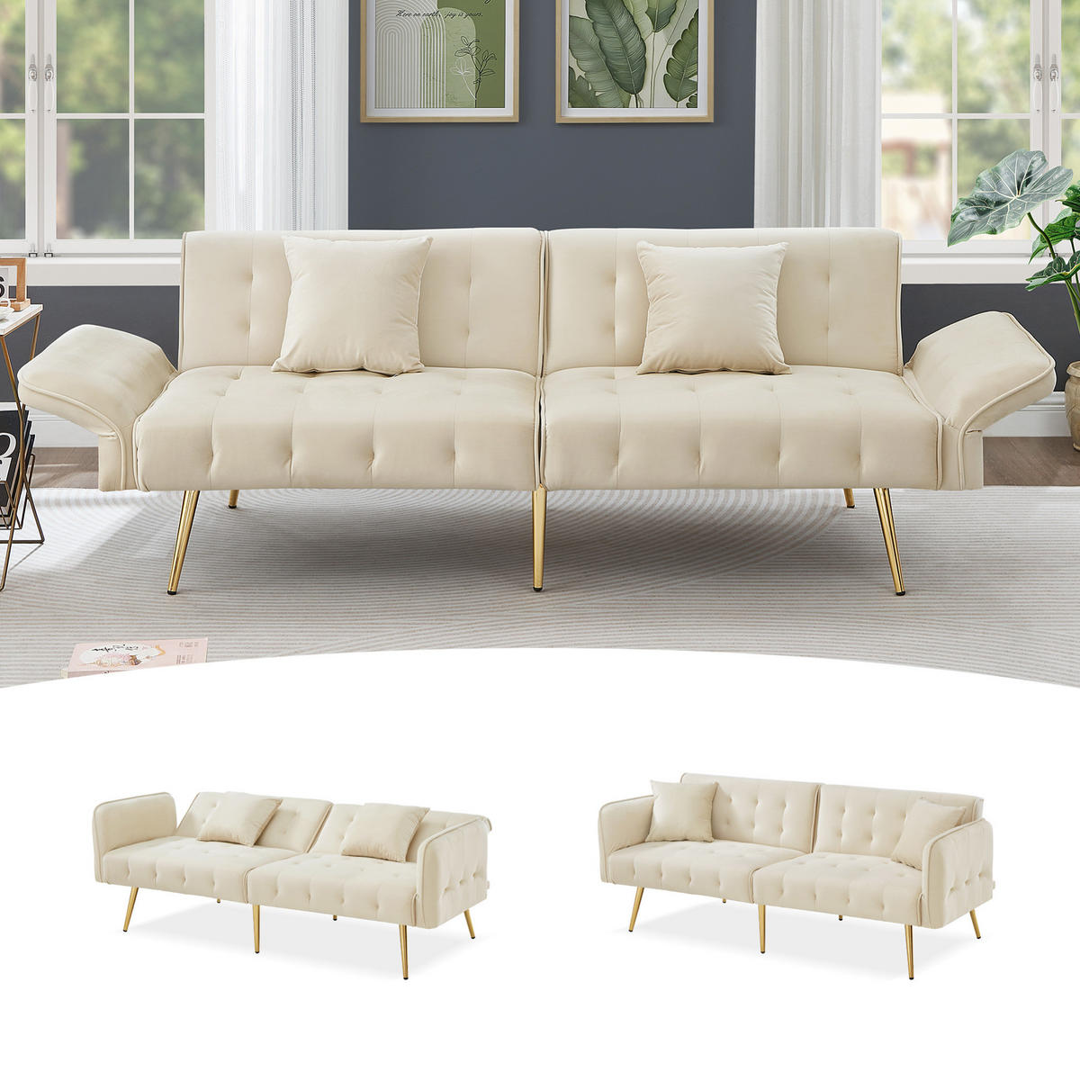 SOFABETT mit verstellbarer Rückenlehne 215 x 81,5 cm Velours Beige - Beige, Kunststoff (178/70/82cm) - Meubliv