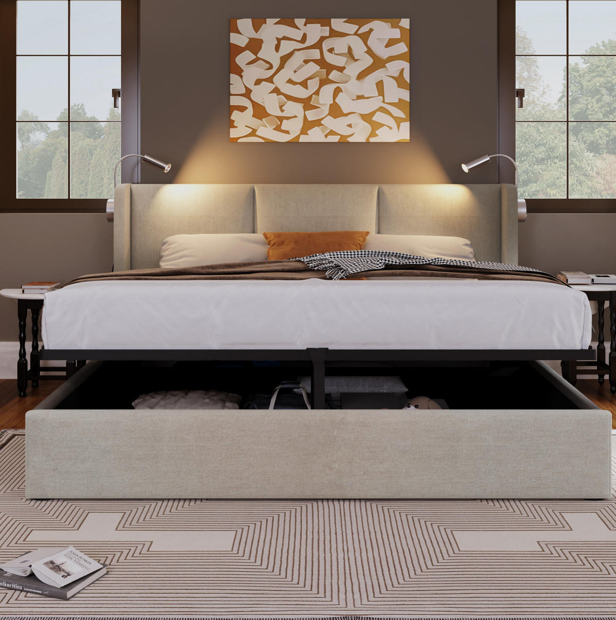 POLSTERBETT mit Bettkasten 160x200 cm Leinen Beige - Beige, Metall (160/200cm) - Meubliv