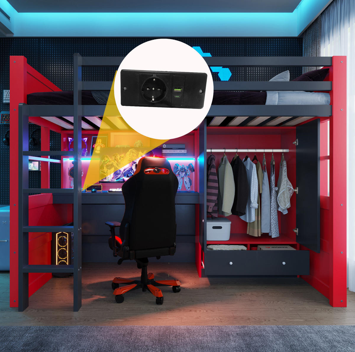 HOCHBETT 90/200 cm aus Holz mit LED-Beleuchtung Steckdosen Kleiderschrank und Schubladen Schwarz und Rot - Rot, Holz (90/200cm) - Modenvie