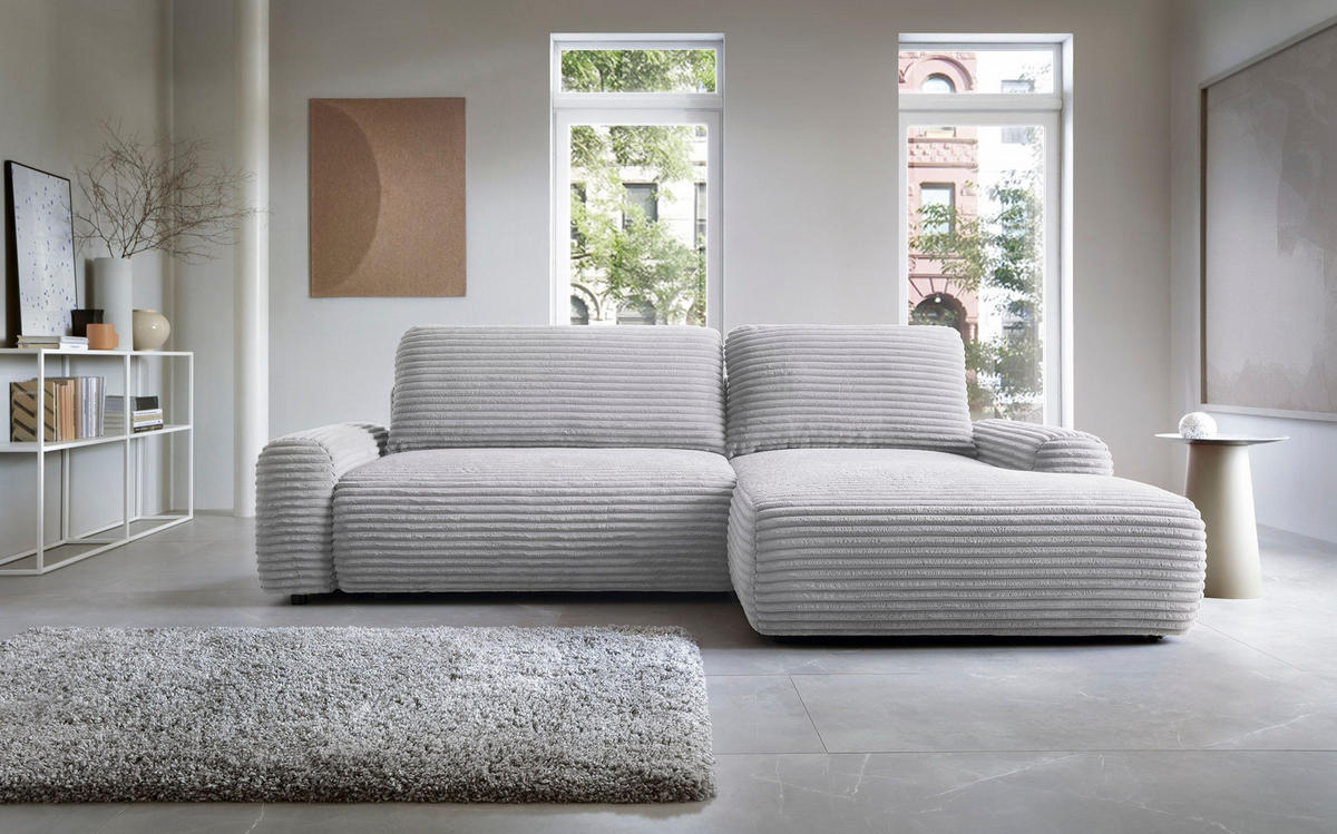 ECKSOFA OSSO Grau Velours-Stoff mit Schlaffunktion - Grau, Holz (264/162cm) - MASSENO