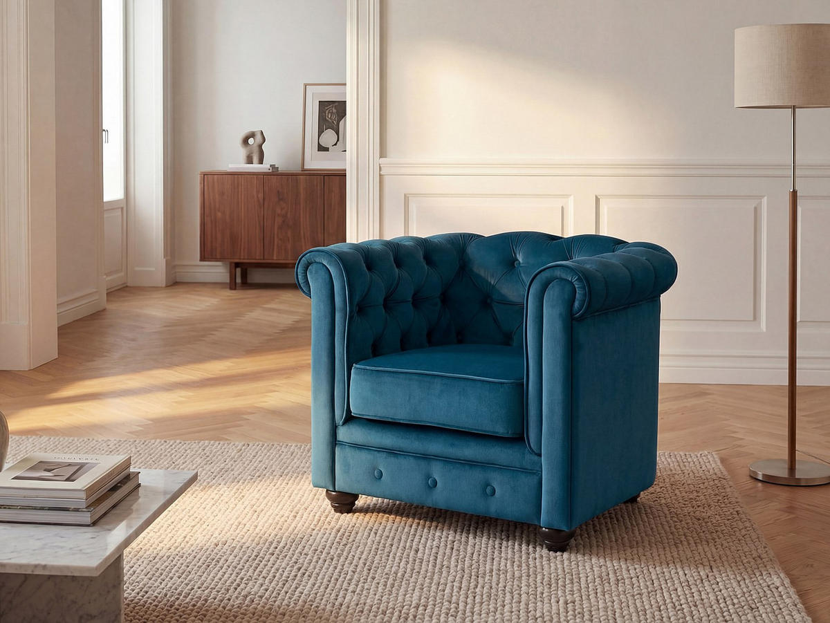 SESSEL mit gerader Rückenlehne - 1 Person - Samt, Stoff - Blaugrün - - Blau, Textil (82/72/78cm) - Vente-Unique