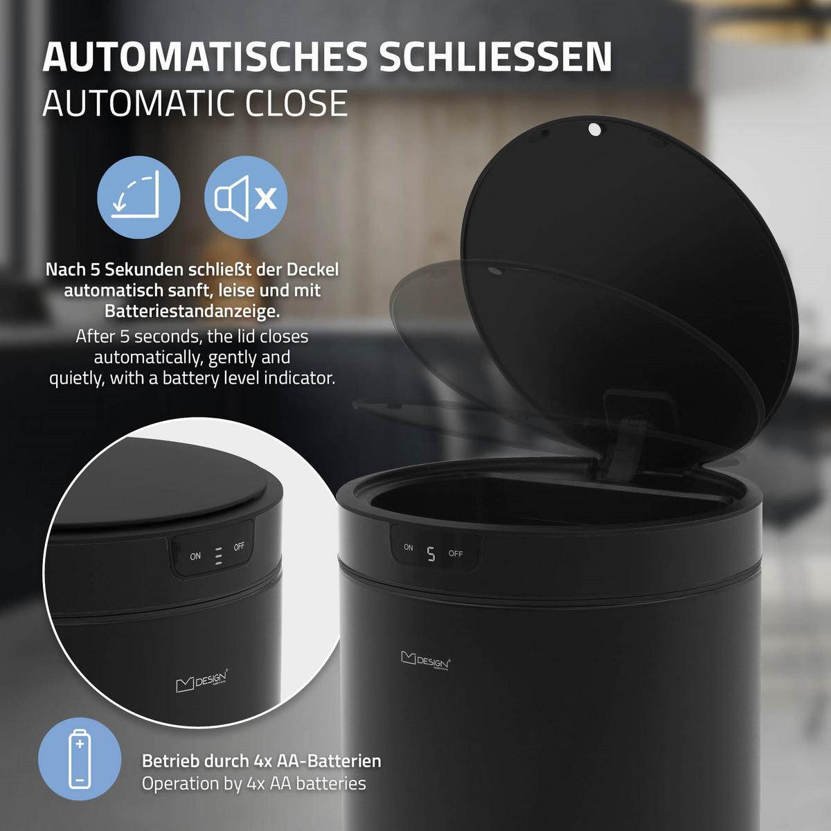 MÜLLEIMER mit Sensor 30L rund aus Stahl Schwarz - Schwarz, Metall (29/52/29cm) - ML-DESIGN