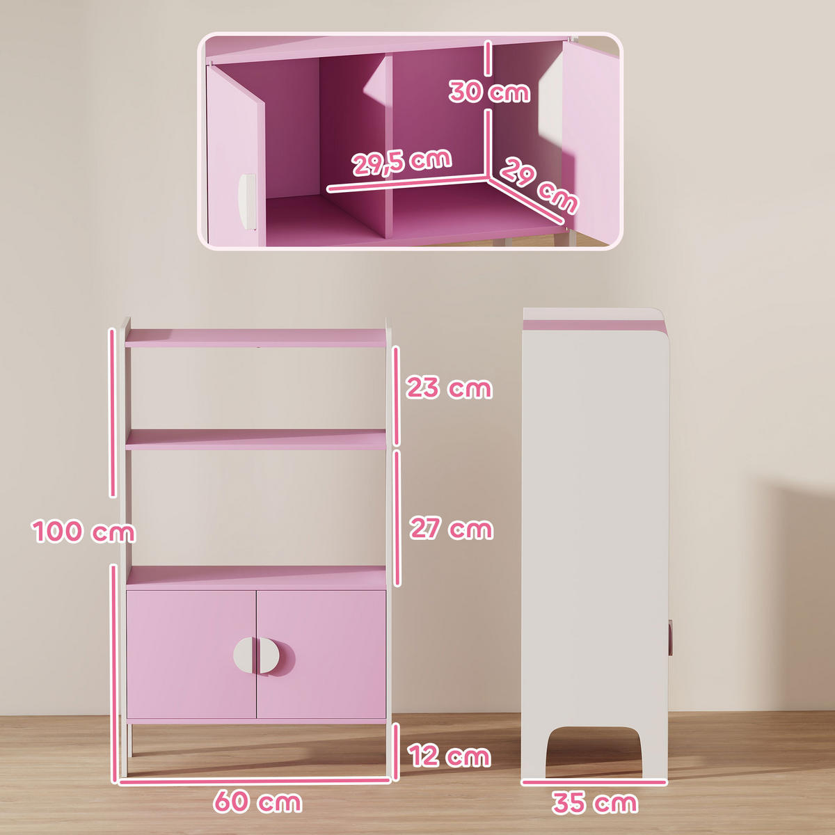 BÜCHERREGAL Kinderregal mit 2 Ablagen und 2 Schranktüren - Weiß/Rosa, Holzwerkstoff (35/100/60cm) - AIYAPLAY