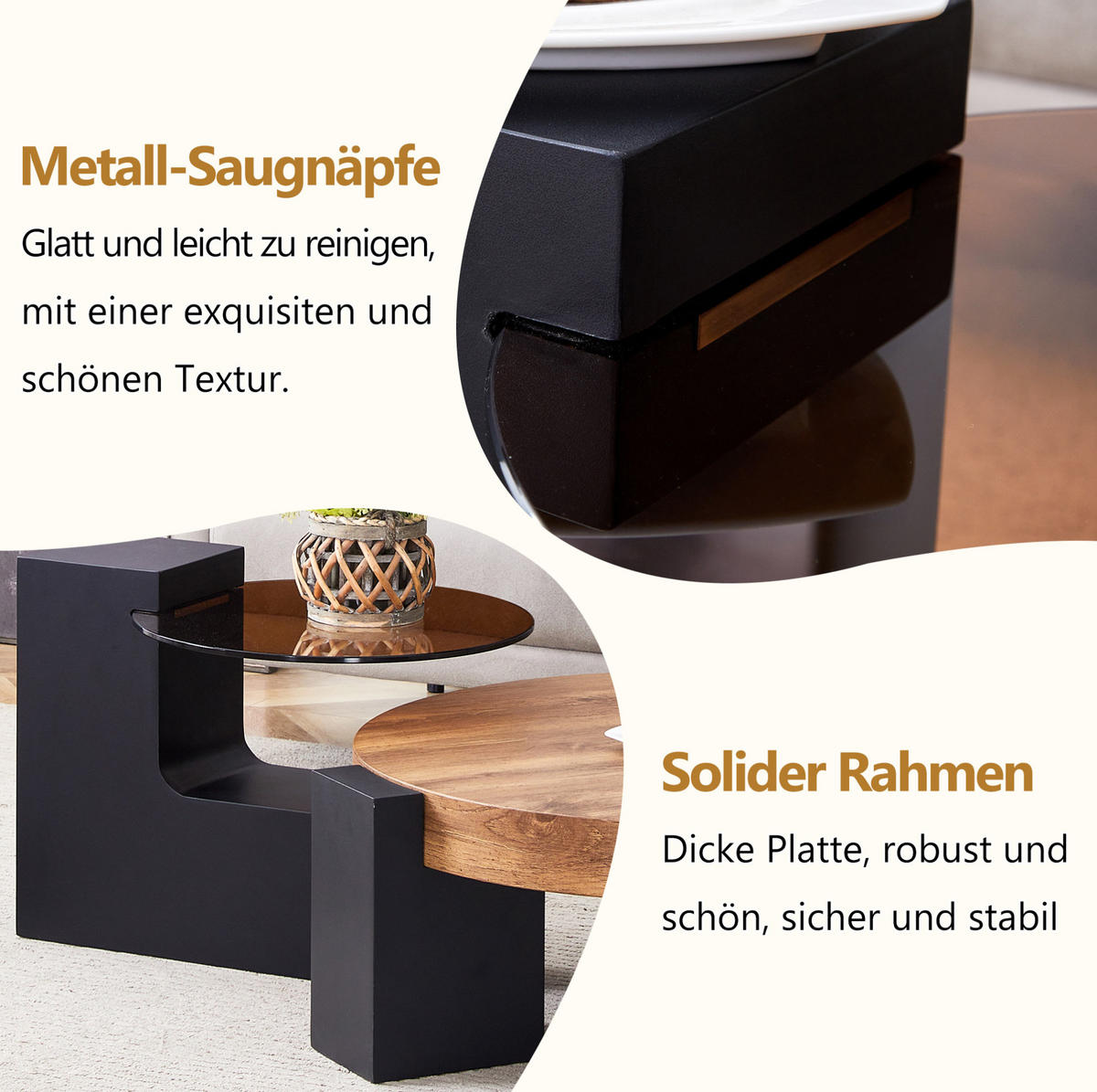 COUCHTISCH-SET rund 61/61/30 cm Schwarz Holzoptik mit Glasplatte und Ablage - Schwarz, Holzwerkstoff (61/61/30cm) - OKWISH