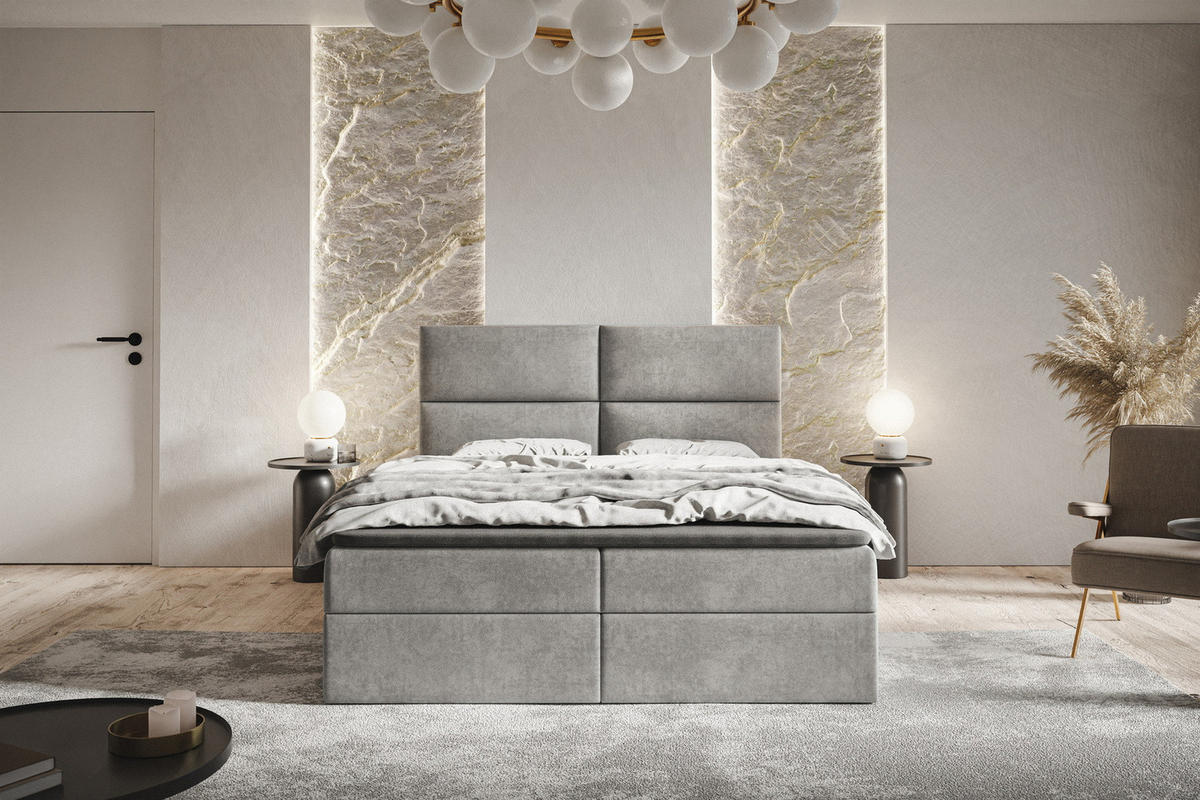 BOXSPRINGBETT mit Matratze 140x200 Coral, Samt, Bettkasten, Hellgrau - Hellgrau, Holz/Textil (140/200cm) - Emporius