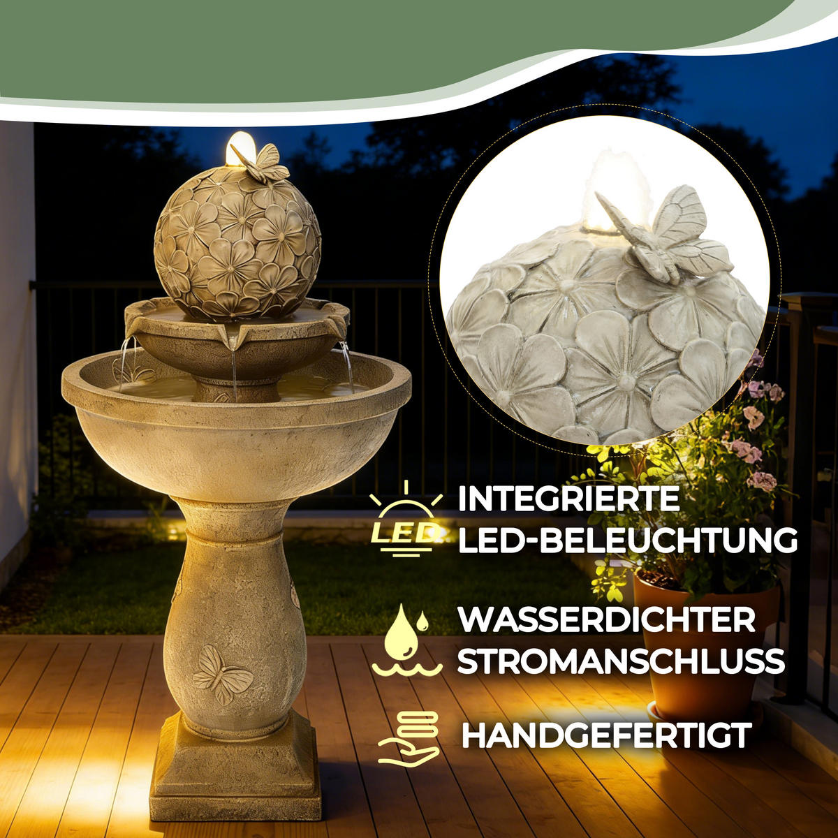 2-STUF. Polyresin-Gartenbrunnen, Vogeltränke+Schmetterling auf Kugel, 95cm, Garten/Balkon/Terrasse - Grau, Kunststoff (45/45/95cm)