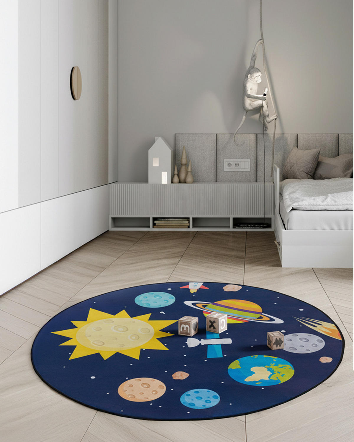 KINDERTEPPICH Bambini Stella Mazovia Rund Ø120cm Marineblau Weltraum Kurzflor - Multicolor, Textil (120/120cm) - Mazovia
