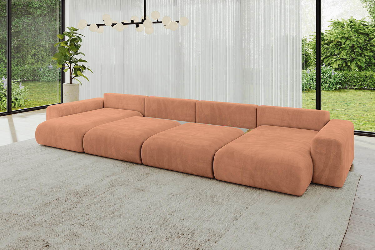 WOHNLANDSCHAFT mit Schlaffunktion ESKAR-U2-464x176x84cm Apricot - Koralle, Holzwerkstoff/Kunststoff (176/72/464cm) - ALTDECOR