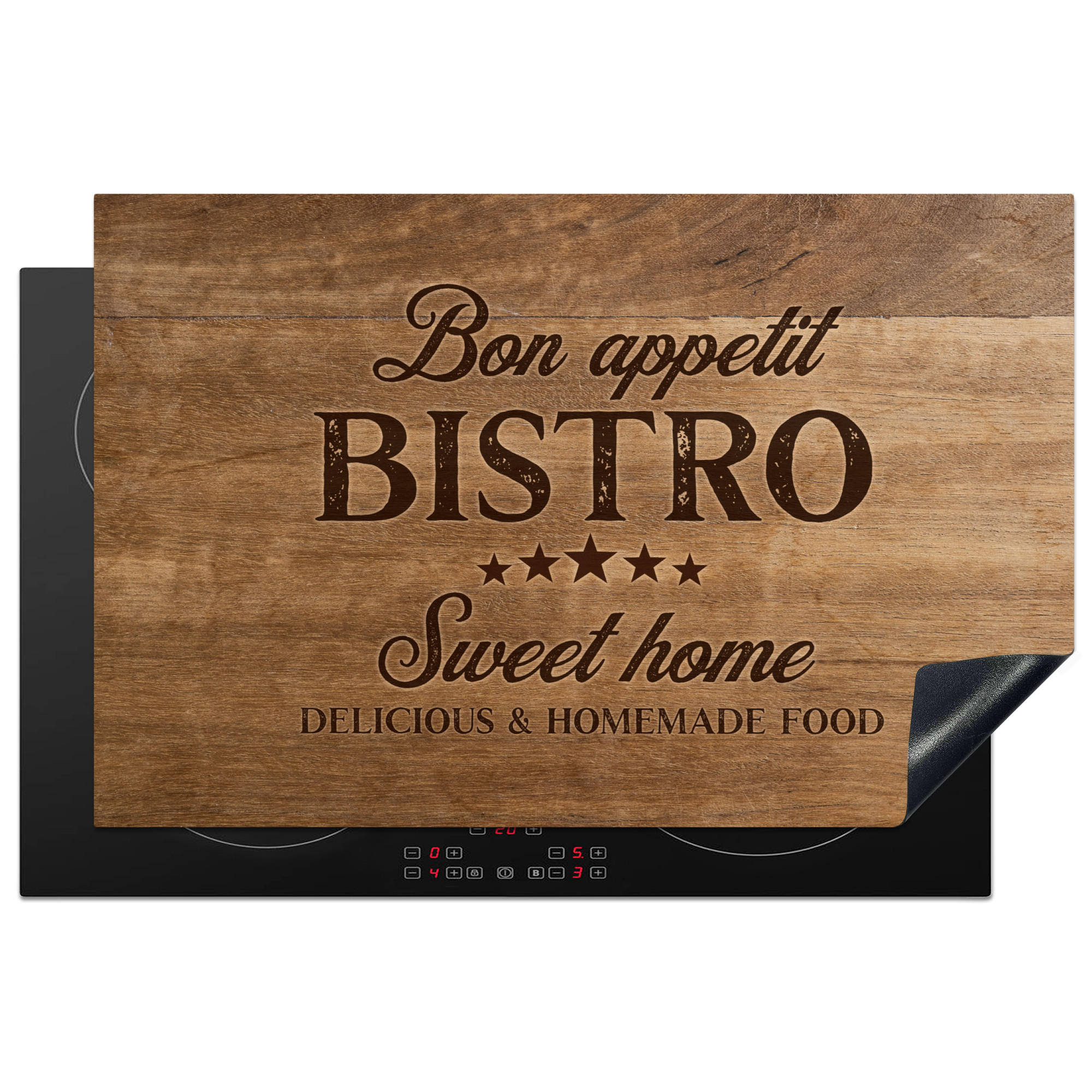 HERDABDECKPLATTE Zitat - Bistro - Guten Appetit - Süßes Zuhause - Holzmaserung 81x52 cm - Braun, Kunststoff (81.2/0.2/52cm) - MuchoWow