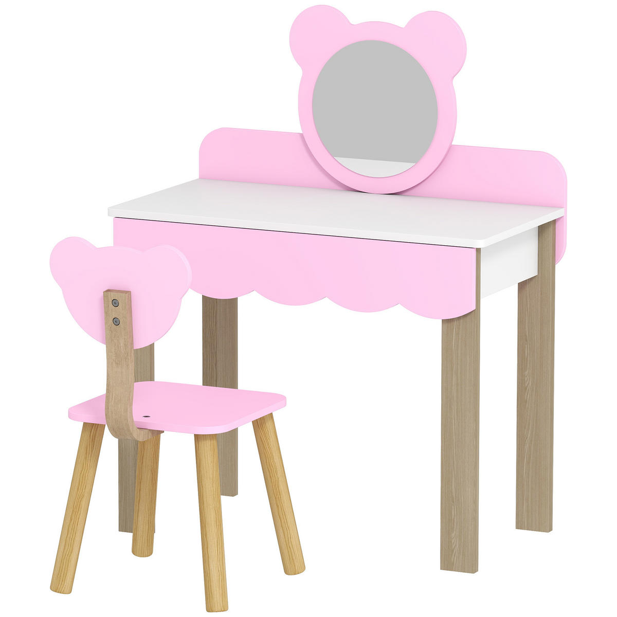 FRISIERTISCH-SET DE-10674 mit Hocker & Bärchenspiegel für Kinder Rosa - Pink, Holzwerkstoff (35/86/68cm) - ComfortXL