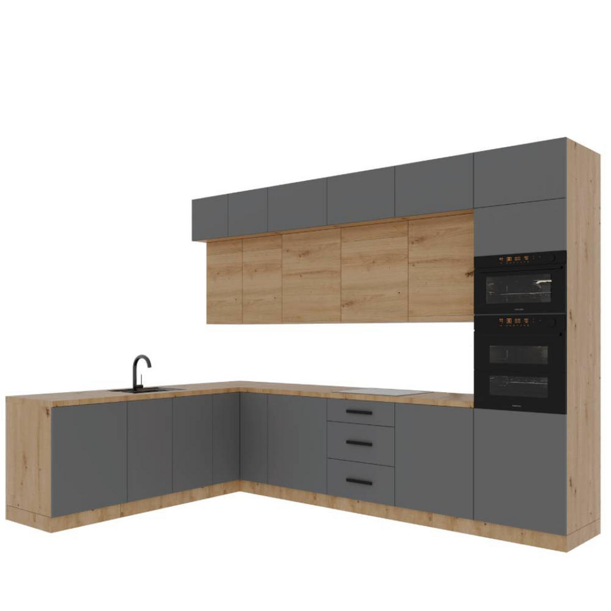 WINKELKÜCHE 330 × 230 cm - Langen K105-M330 - in Beige/Artisan Eiche - Beige/Schwarz, Holz/Holzwerkstoff (330/248/230cm)