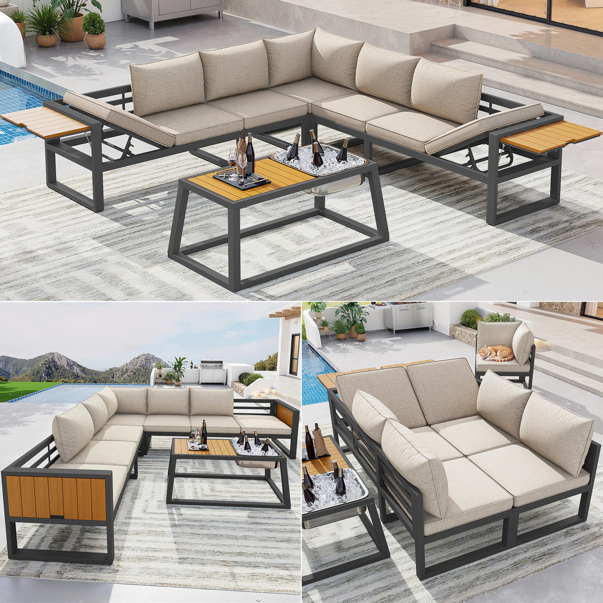 GARTENLOUNGE Grau Beige modular verstellbar Metall Eisbehälter Kissen - Beige, Metall - FLIEKS