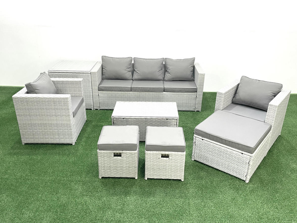 GARTENMÖBELSET mit 3-SITZER SOFA,COUCHTISCH Polyrattan Hellgrau-Mix 8-Sitzer - Hellgrau/Grau, Glas/Kunststoff - Fimous