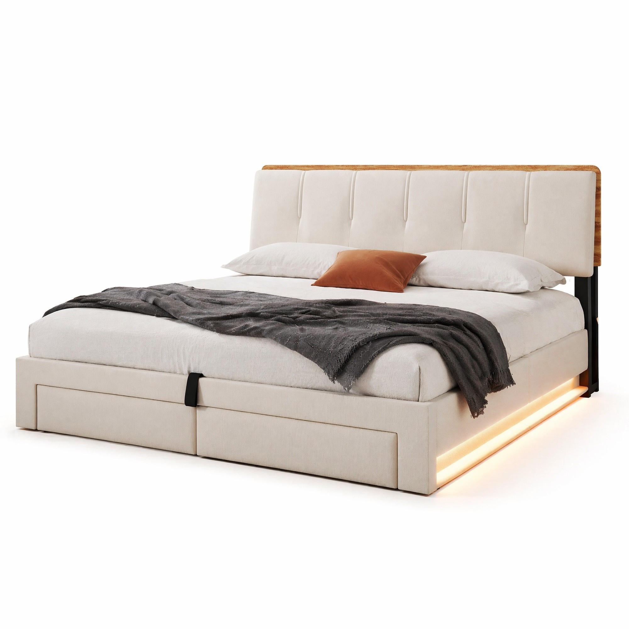 POLSTERBETT 180/200 cm in Beige mit Bettkasten, LED, USB und Typ-C, Schubladen, Leinen - Beige, Holzwerkstoff/Textil (180/200cm) - CHICFURN