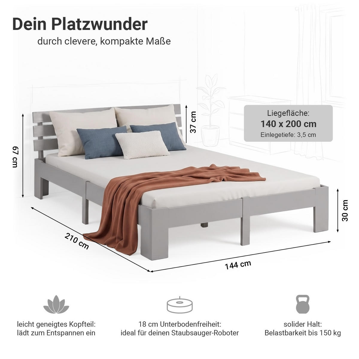 HOLZBETT mit Federkernmatratze 140/200 cm Jugendbett Grau - Grau, Holz (140/200cm) - Homestyle4u