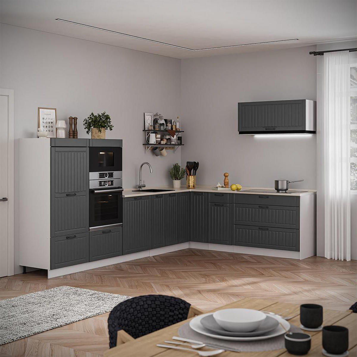 BUCĂTĂRIE PE COLȚ Fame-Line, Gri închis/Alb, 327 x 227 cm fara blat - alb/gri închis, compozit lemnos (327/153.6/51.6cm) - Vicco