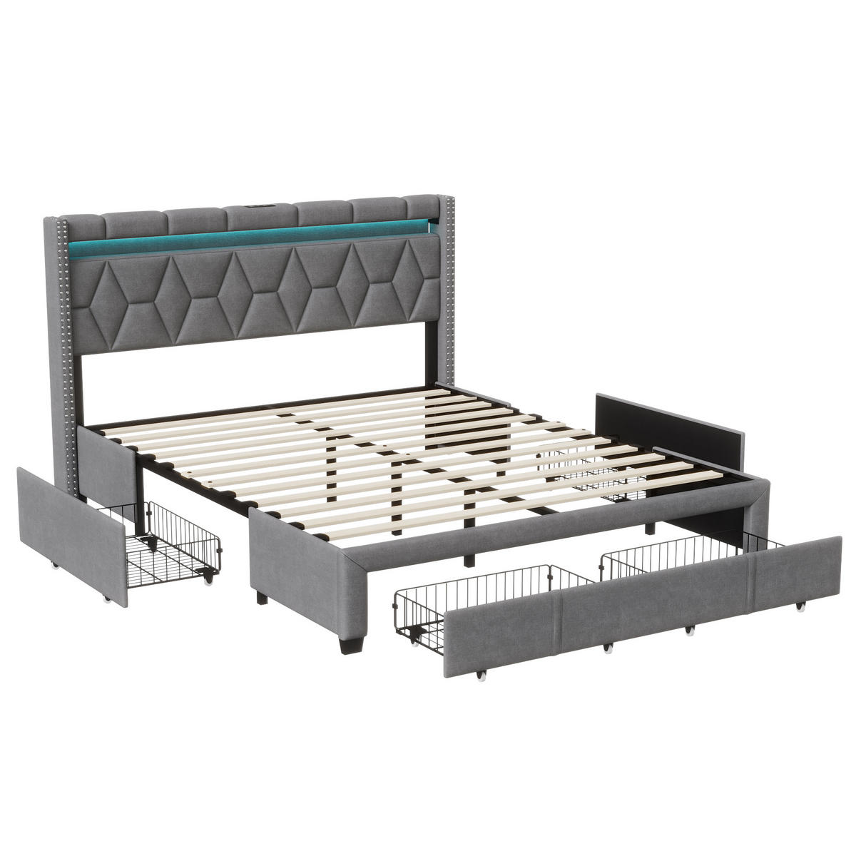 POLSTERBETT 140x200 cm, Grau, LED-Beleuchtung und 4 Schubladen - Grau, Textil/Metall (140/200cm)