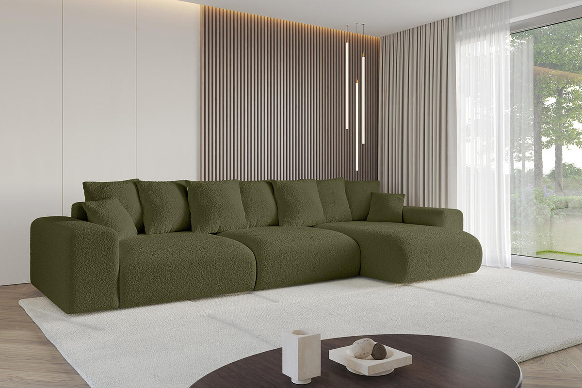ECKSOFA Ottomane rechts ESKAR-L 364x176x84 Olivgrün Bouclé - Schwarz/Olivgrün, Holzwerkstoff/Kunststoff (176/364cm) - ALTDECOR