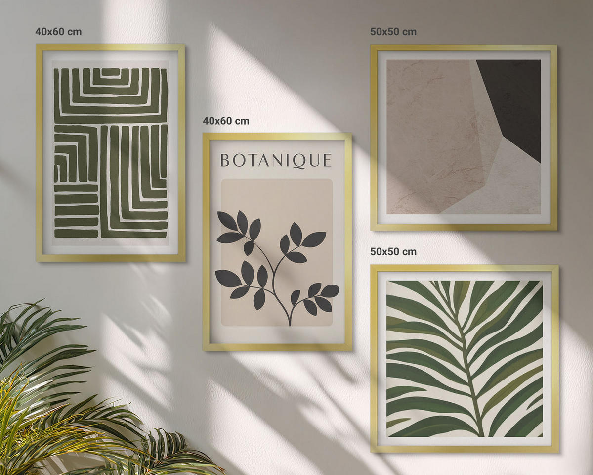 WANDBILDER 4er Set - 50x50 cm & 40x60 cm Goldrahmen - Botanische Boho-Kompositionen - Goldfarben, Kunststoff (50/50cm) - ArtPrintCave