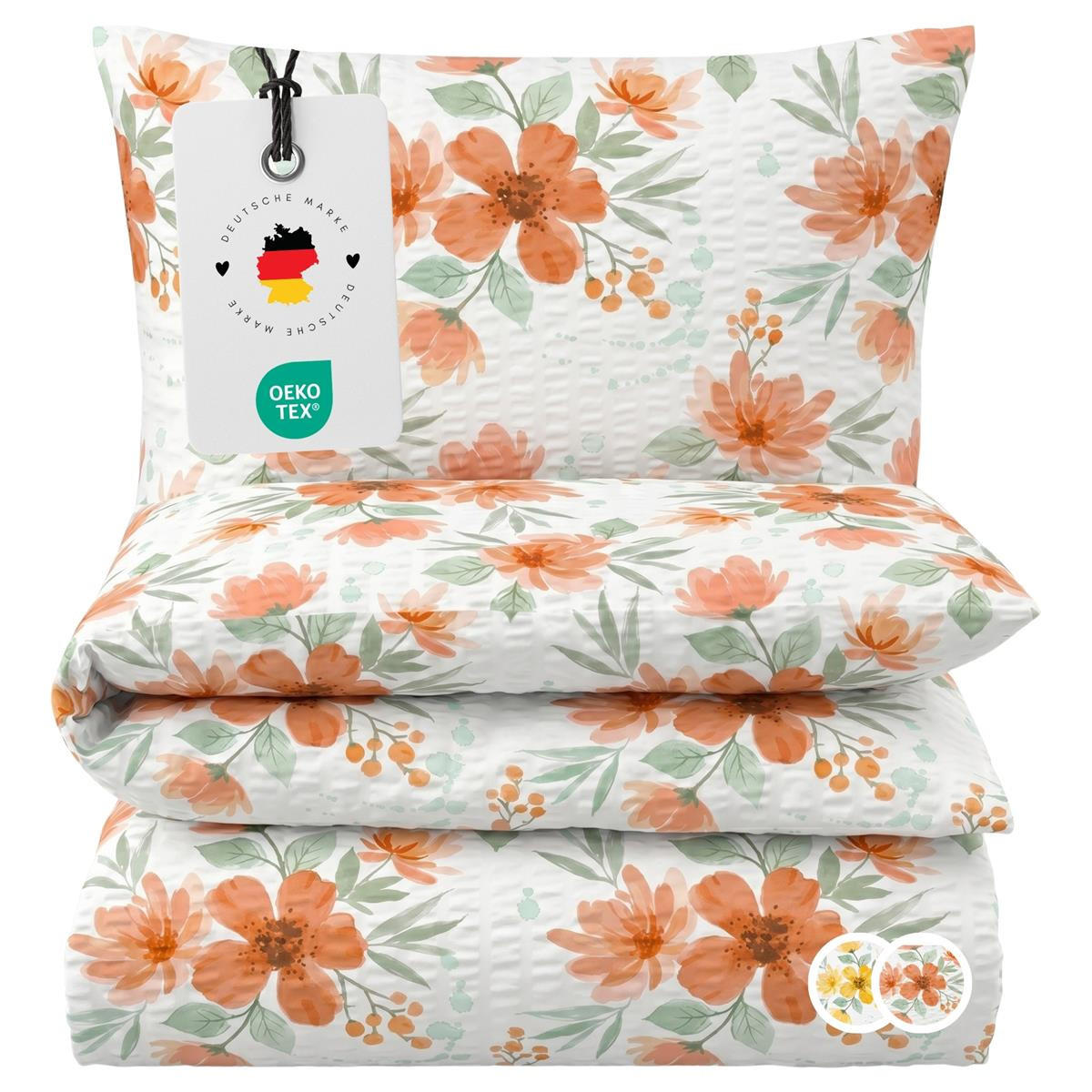 Carpe Sonno BETTWÄSCHE Seersucker 155x220 aus 100% Baumwolle, Sommer Bettbezug Bügelfrei 155 x 220, geblümte Sommerbettwäsche Blumen Orange jetzt nur online ➤