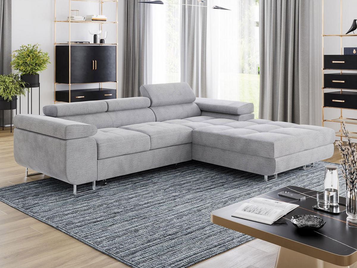 ECKSOFA VEMO CORE Rechts Hellgrau Velours-Stoff mit Schlaffunktion und Bettkasten - Hellgrau, Holz/Metall (280/205cm) - Barchello