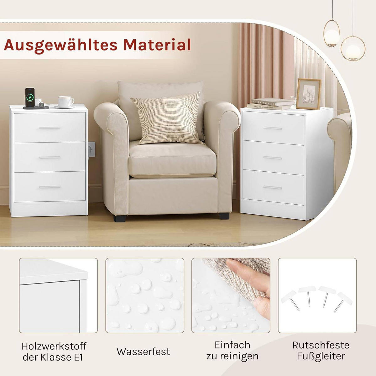 NACHTTISCH, Beistelltisch mit Ladefunktion, Weiß - Weiß, Holzwerkstoff (39/54/28cm) - Woltu