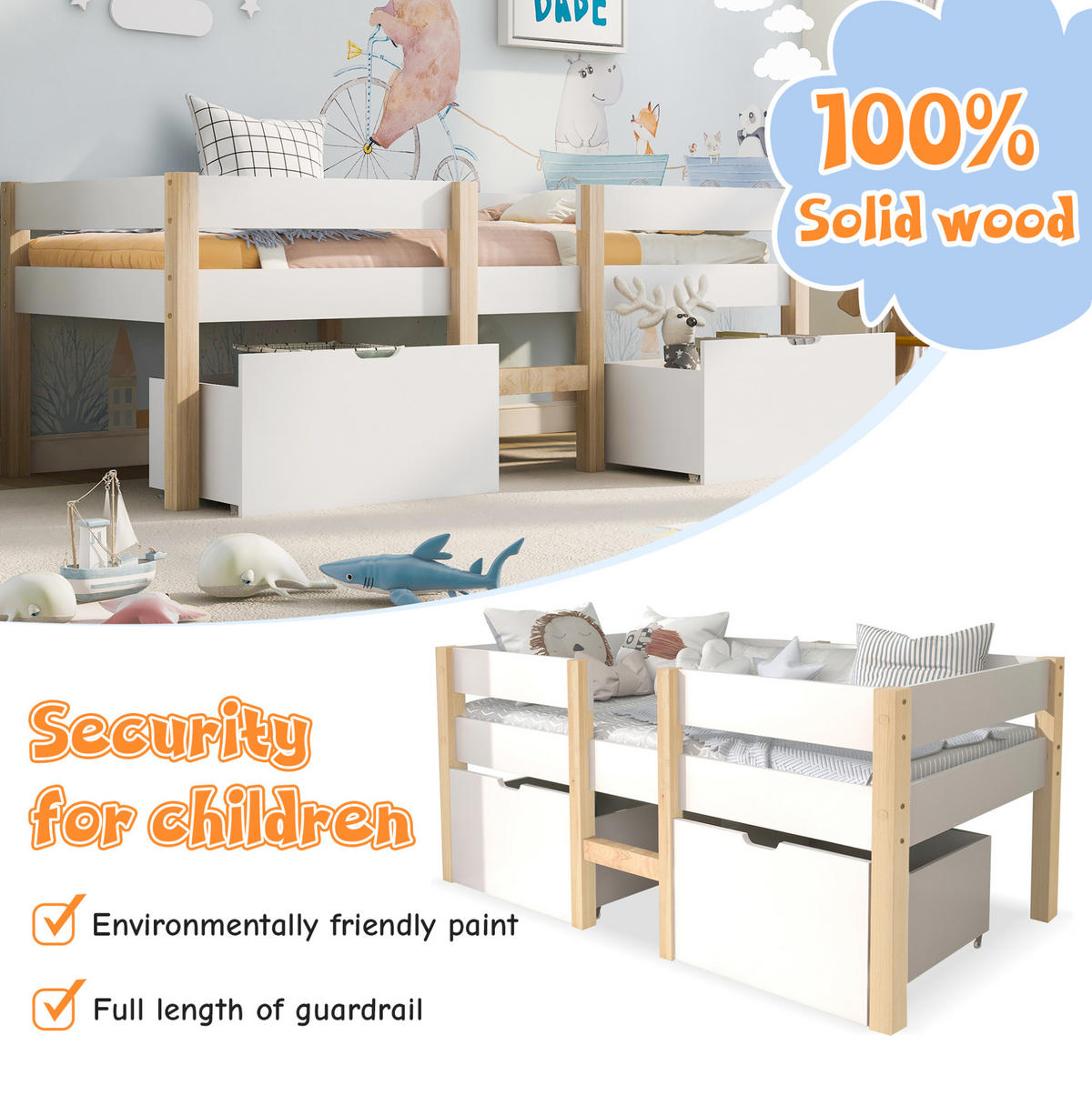 HOCHBETT 90/190 cm Weiß aus Kiefer-Massivholz mit Schubladen und Rausfallschutz - Weiß, Holz (90/190cm) - OKMYHOME