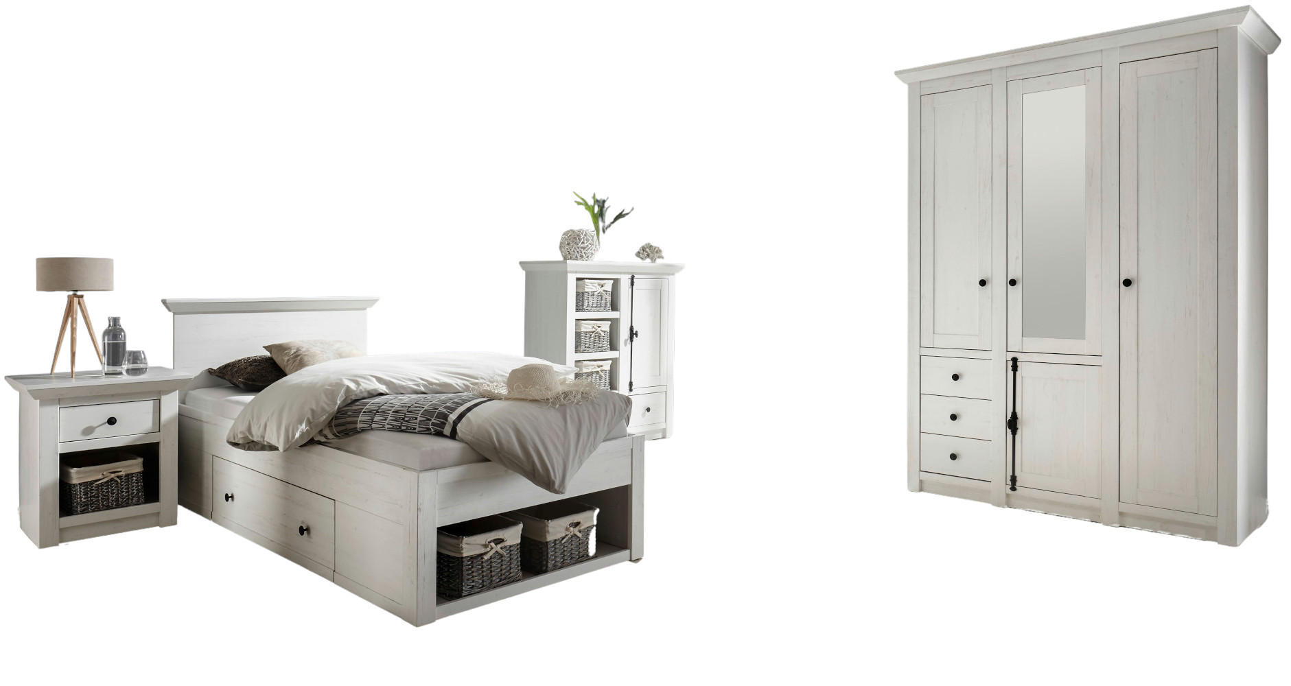 SCHLAFZIMMER-SET 4-teilig Pinie weiß, Komplettset Landhausstil - Schwarz/Weiß, Glas/Holzwerkstoff (147/206/64cm) - Furn.Design