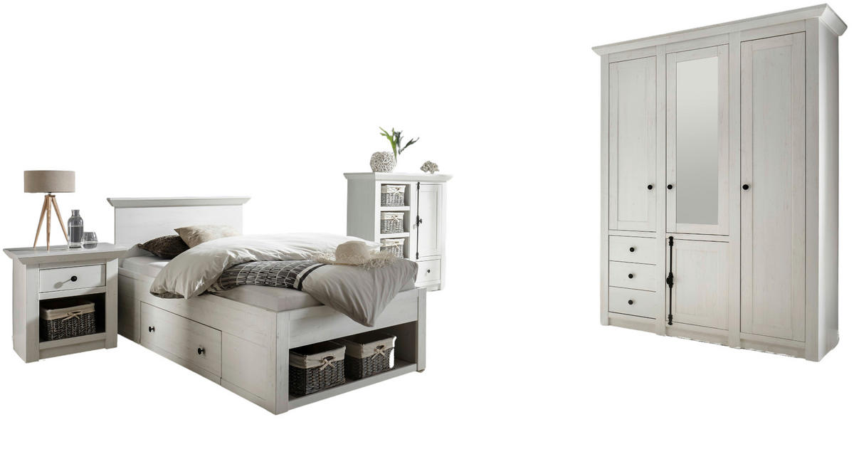 SCHLAFZIMMER-SET 4-teilig Pinie weiß, Komplettset Landhausstil - Schwarz/Weiß, Glas/Holzwerkstoff (147/206/64cm) - Furn.Design