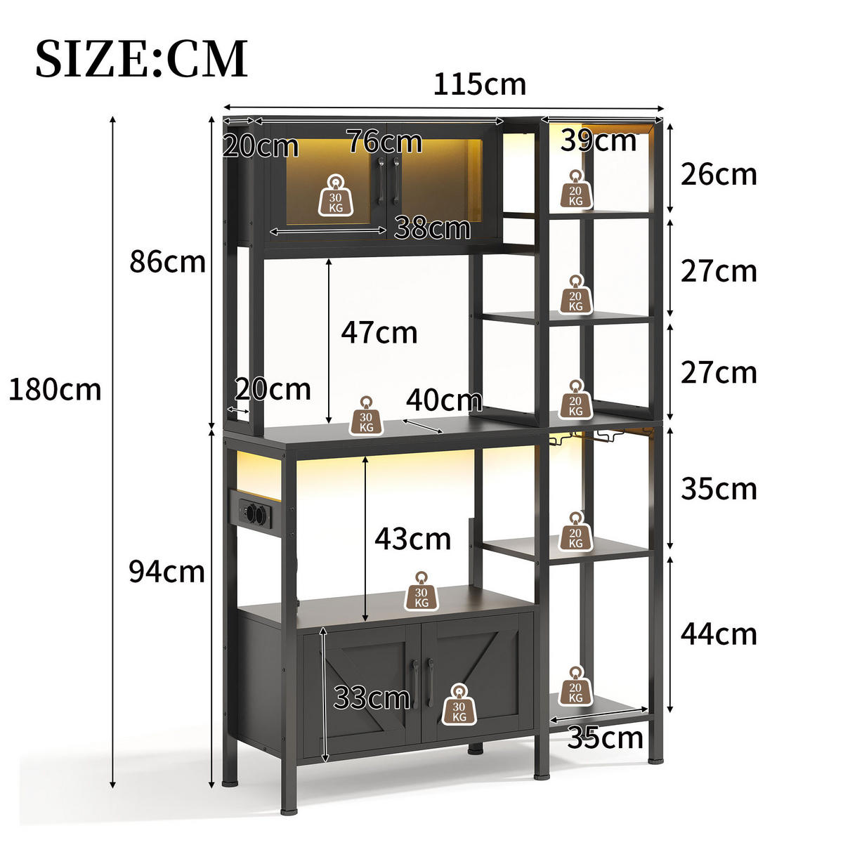 BUFFET 115/40/180 cm aus MDF und Stahl mit LED-Leiste und Steckdosenmodul Schwarz - Schwarz, Holzwerkstoff (115/180/40cm) - Modenvie