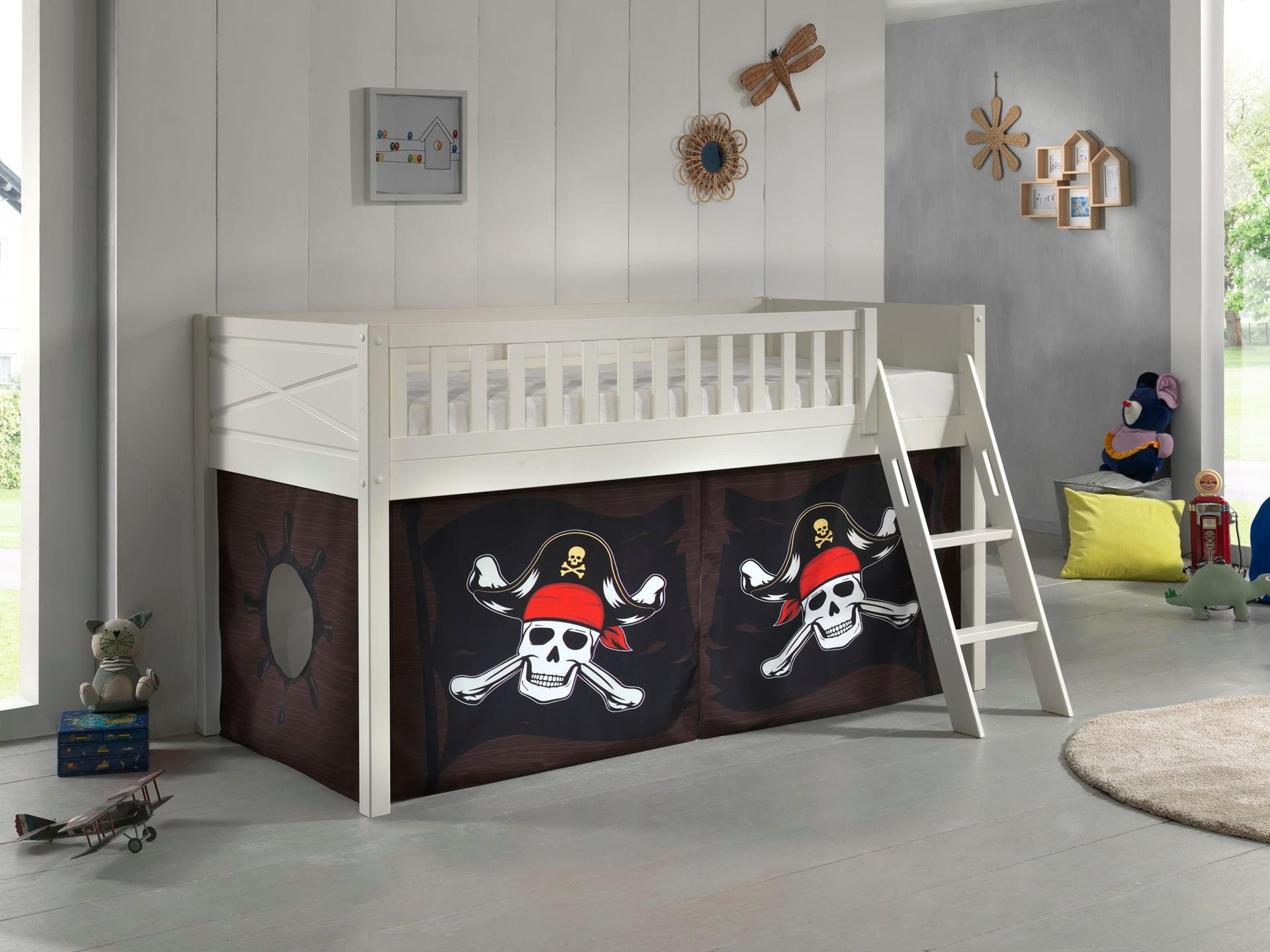 KINDERBETT Karyl 208x114x135 Massivholz Weiß Textilset Caribian Pirate - Weiß/Braun, Holz (90/200cm) - 58aufmkessel